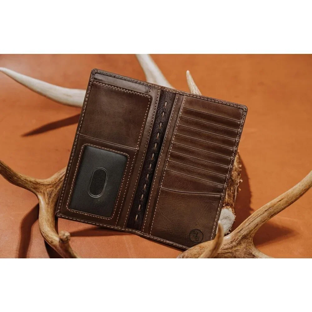 🆕Men Brown Co Deer Ornament Long Bifold Wallet Grain Leather Hunter Long Wallet